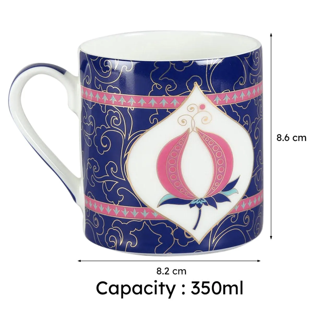 Blue decorative mug shown with visible 8.2 cm width and 8.6 cm height