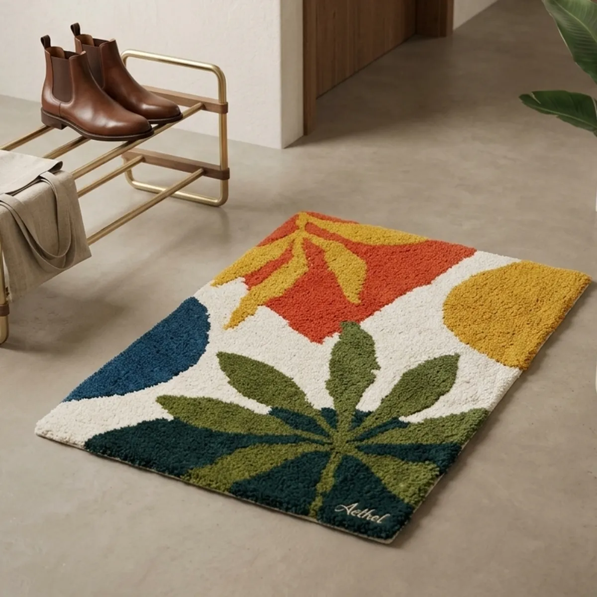 Multicolour botanical bath mat styled in an entryway beside a shoe rack.