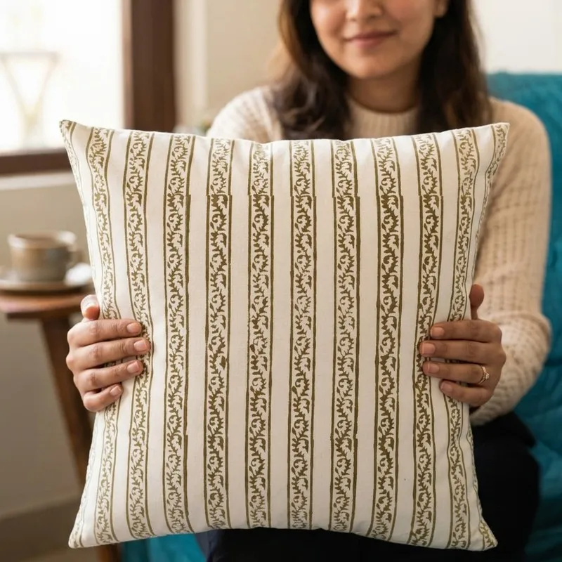 Person holding a white and brown floral striped square cushion cover
