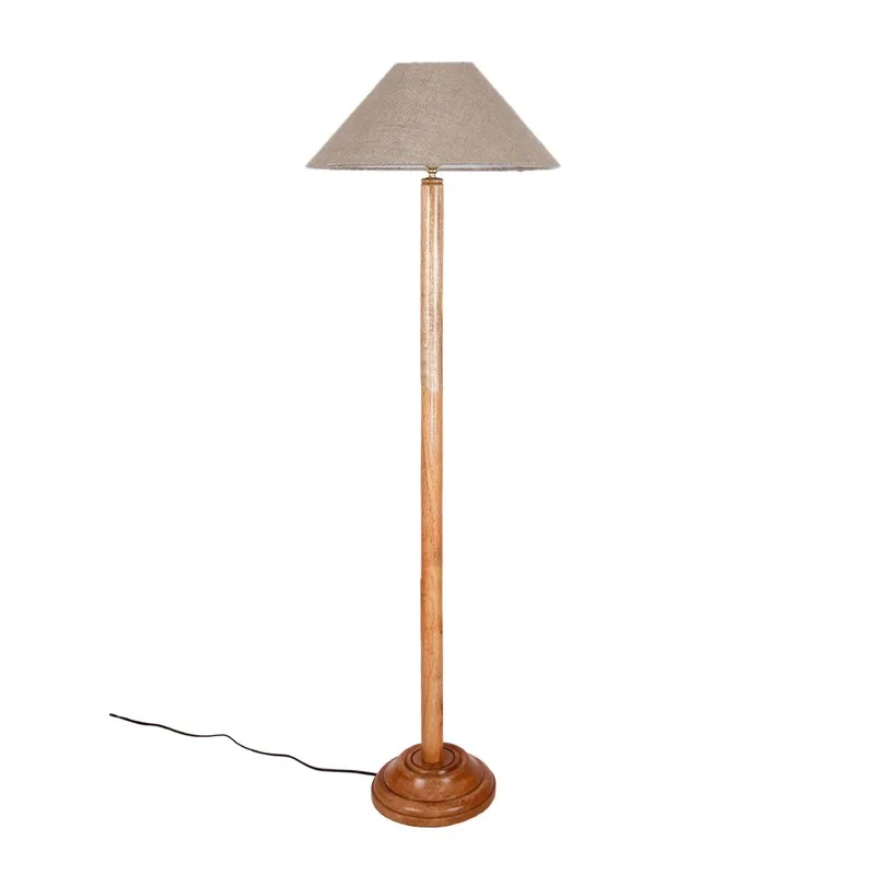 Wooden floor lamp with a beige jute shade on a plain white background