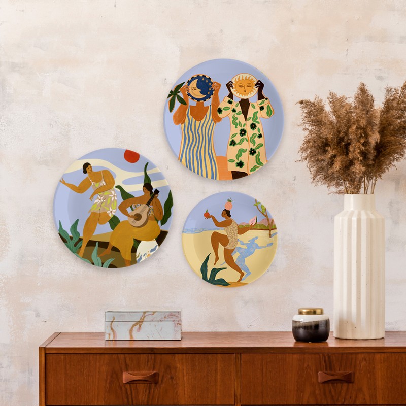 Whimsical Village Life Ceramic Wall Plate - Set of Three