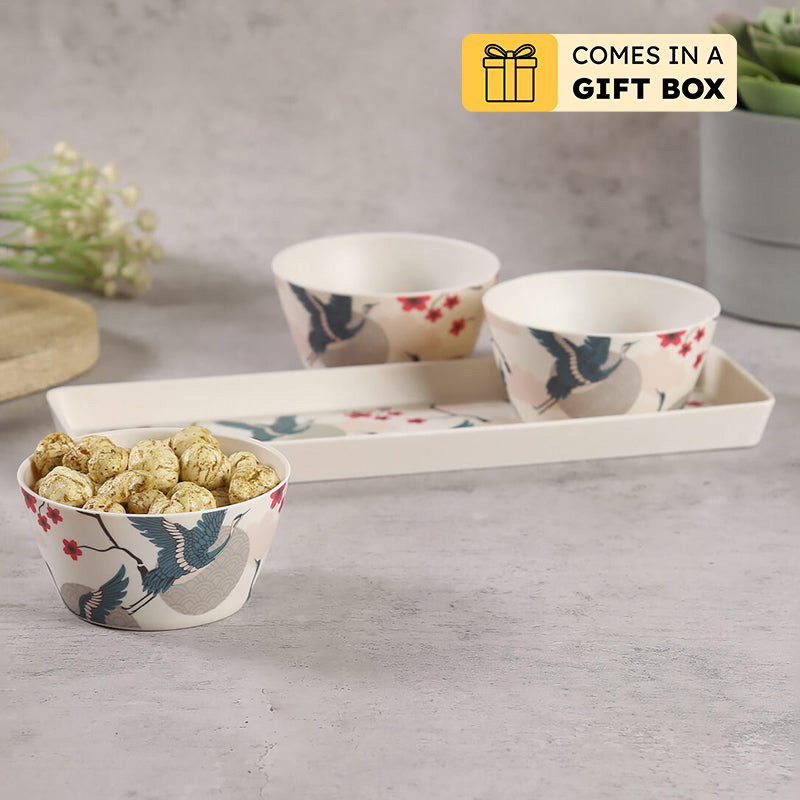 India Circus Sonnet Bone China Snack Bowl With Tray (150 mL) - Four Piece Set - 150 ML