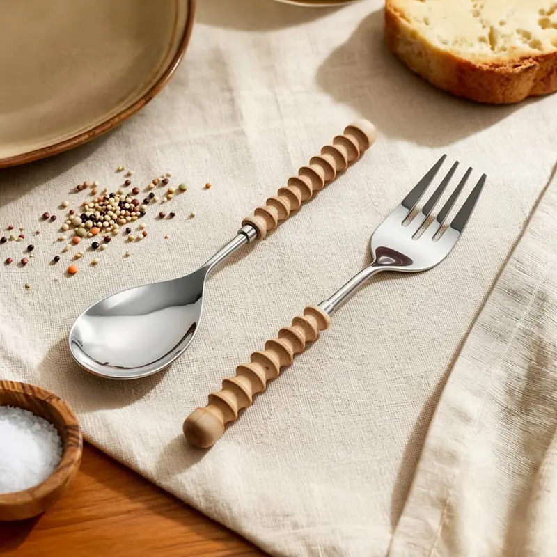 Timber Twist Stainless Steel Serving Spoon - Two Piece Set