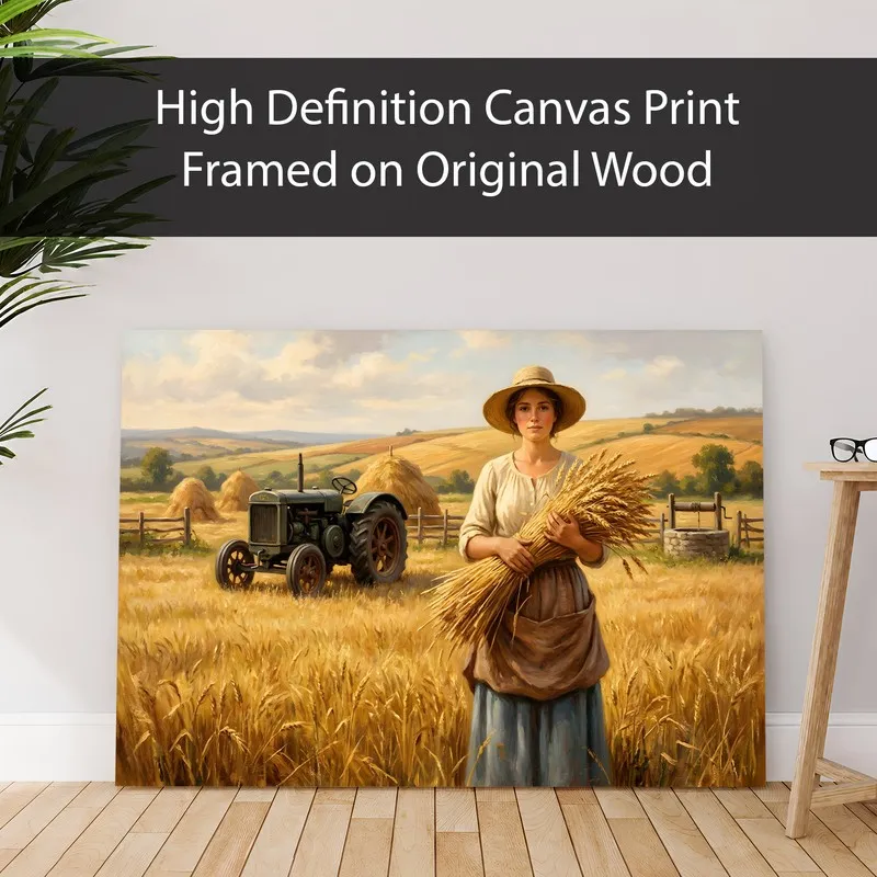 Canvas print of a rural harvest scene leaning against a wall on a wooden floor.