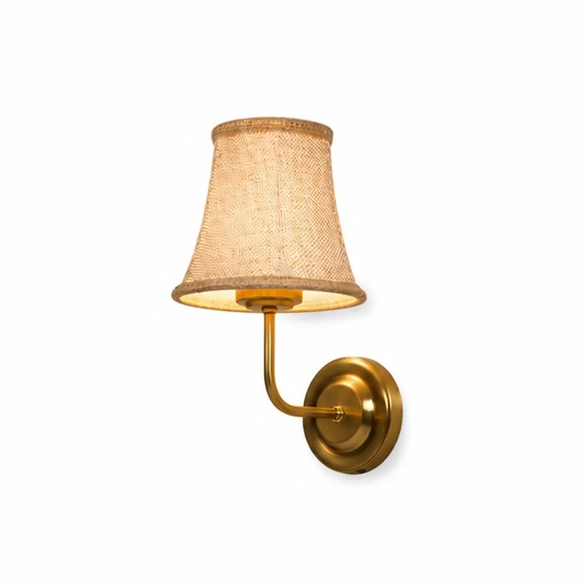 Angled view of the beige jute wall lamp and gold-toned curved arm