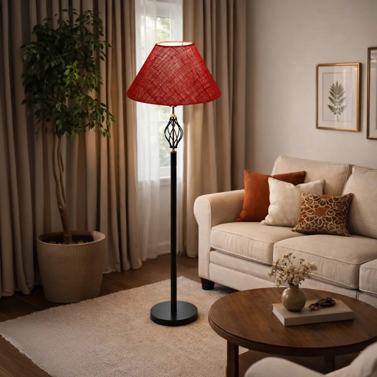 Red floor lamp with black stand placed beside a cream sofa in a living room.