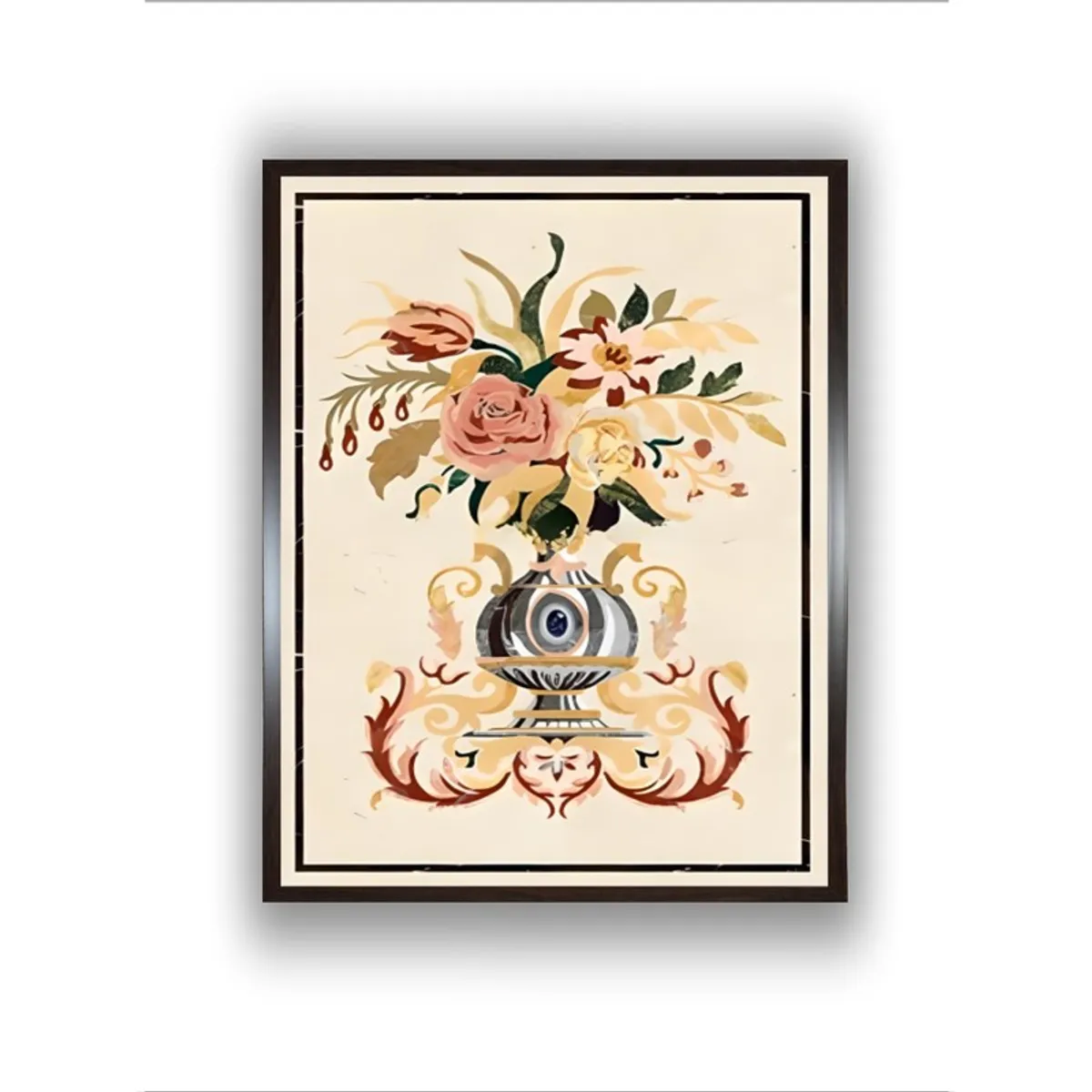 Straight-on view of floral bouquet wall painting in a dark frame