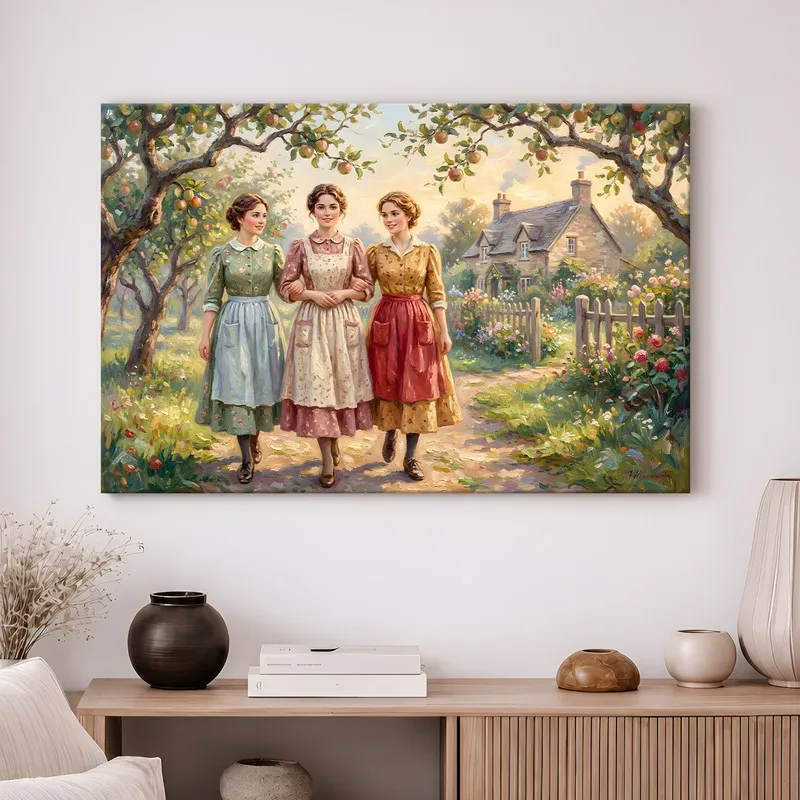 Vintage-style wall art above a console, showing three women in a sunlit garden scene