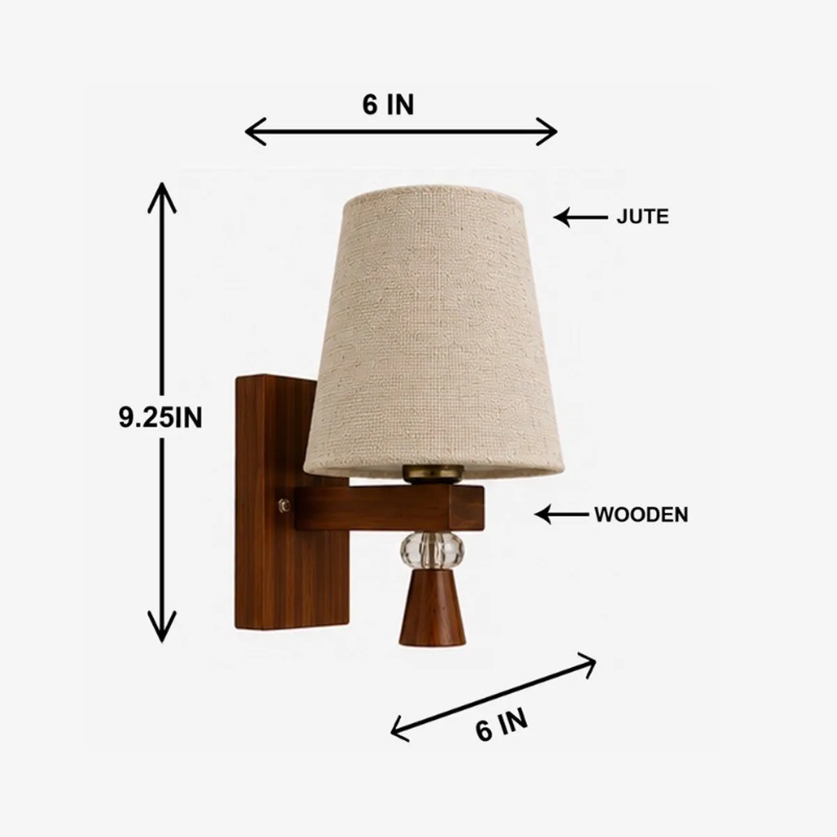 Wall lamp shown with measurement arrows and labels for its jute shade and wooden base.