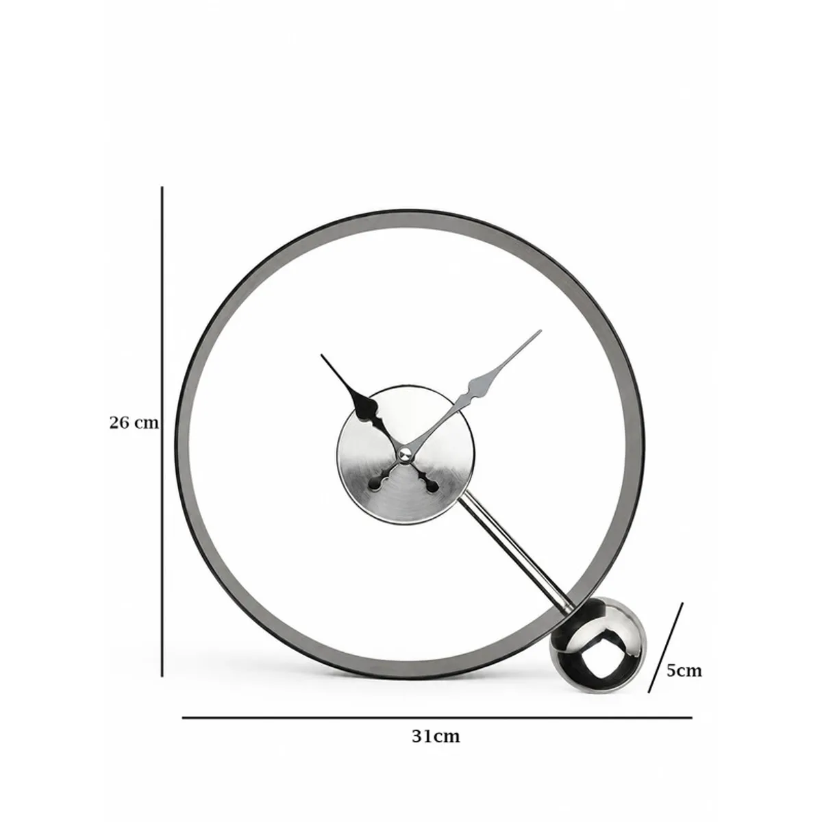 Round open-frame table clock shown with visible dimensions