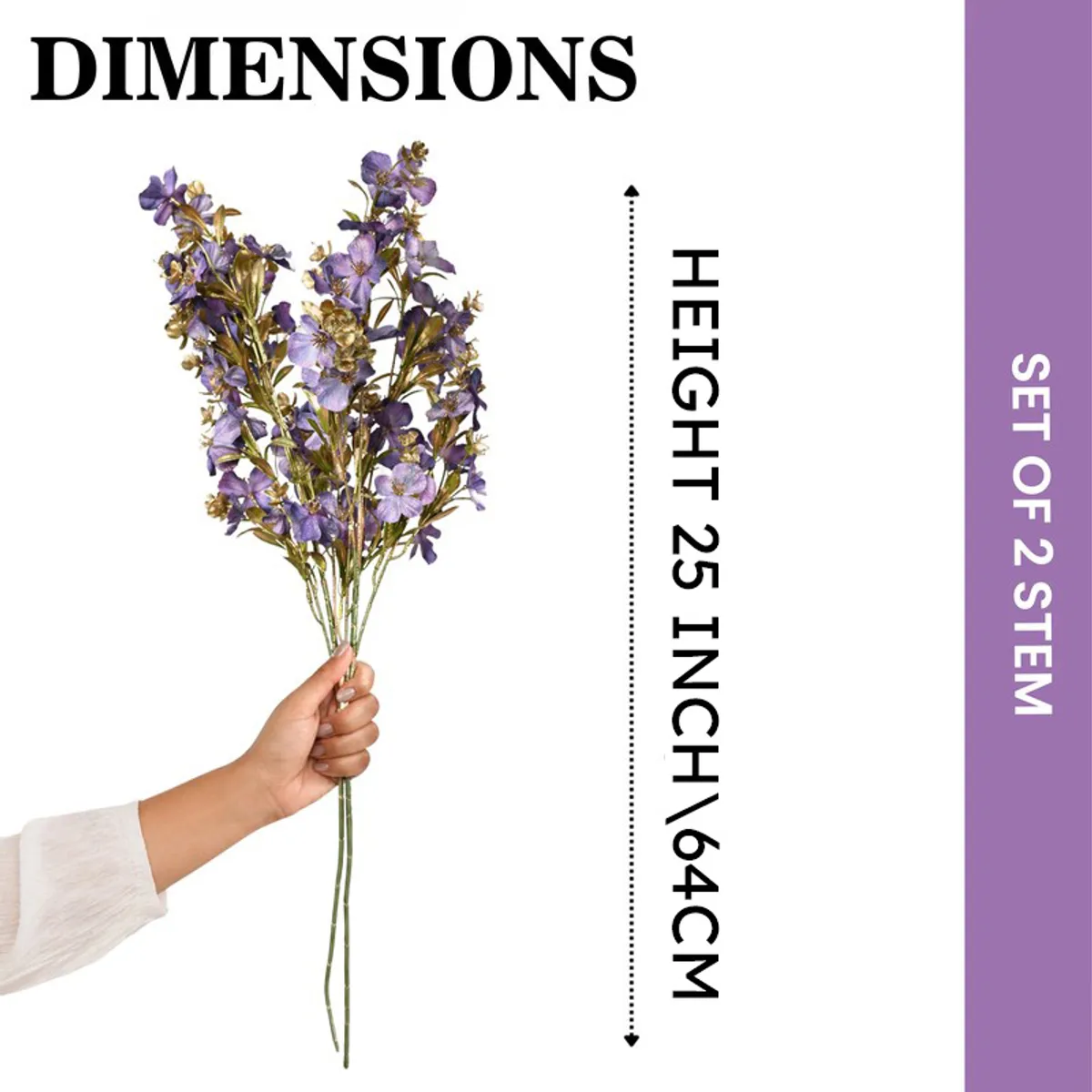 Hand holding a bunch of purple and gold artificial flower stems against a plain background