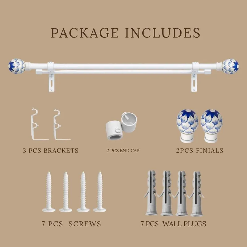 White double curtain rod set with blue floral finials and mounting parts displayed