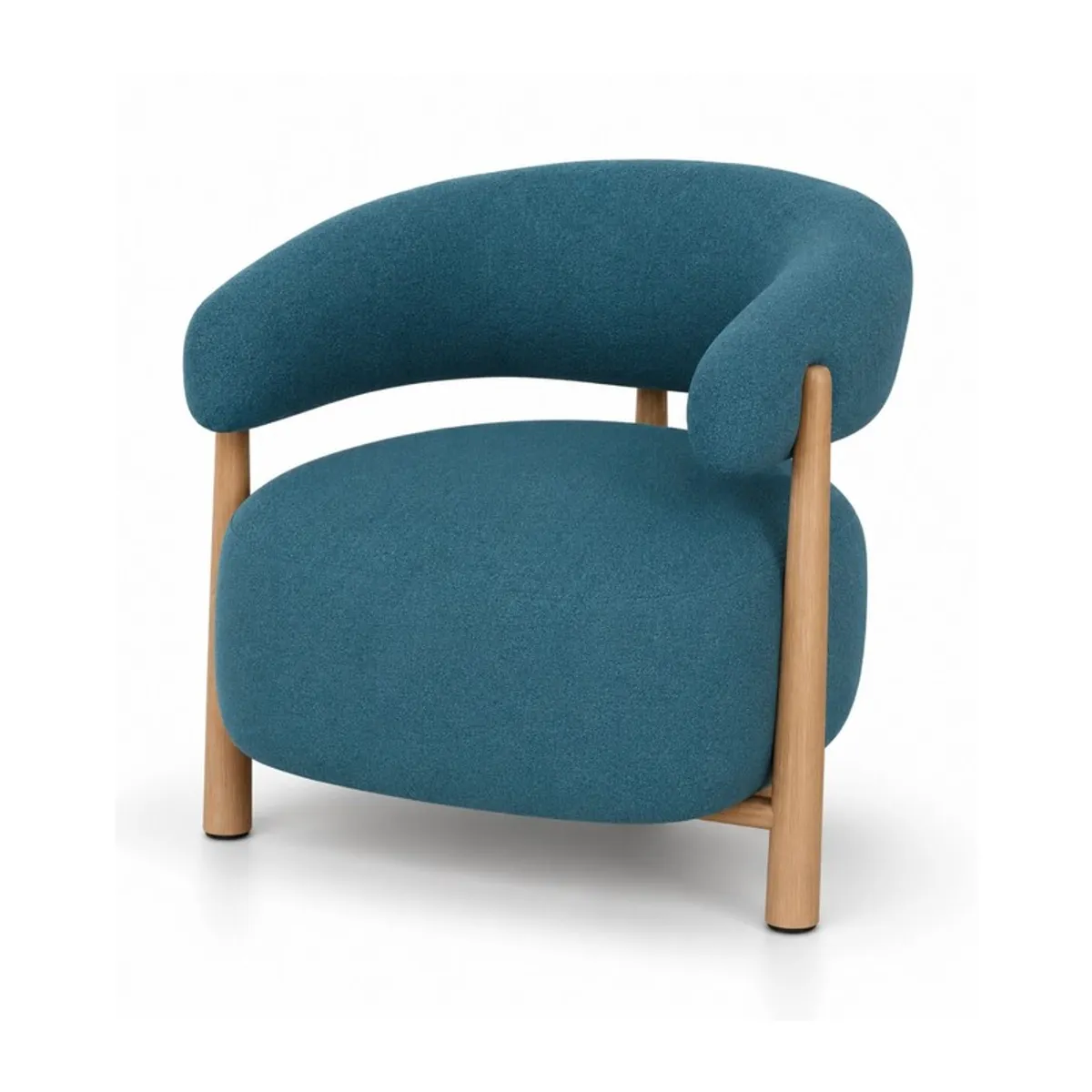 Three-quarter view of rounded blue suede chair with teak wood frame