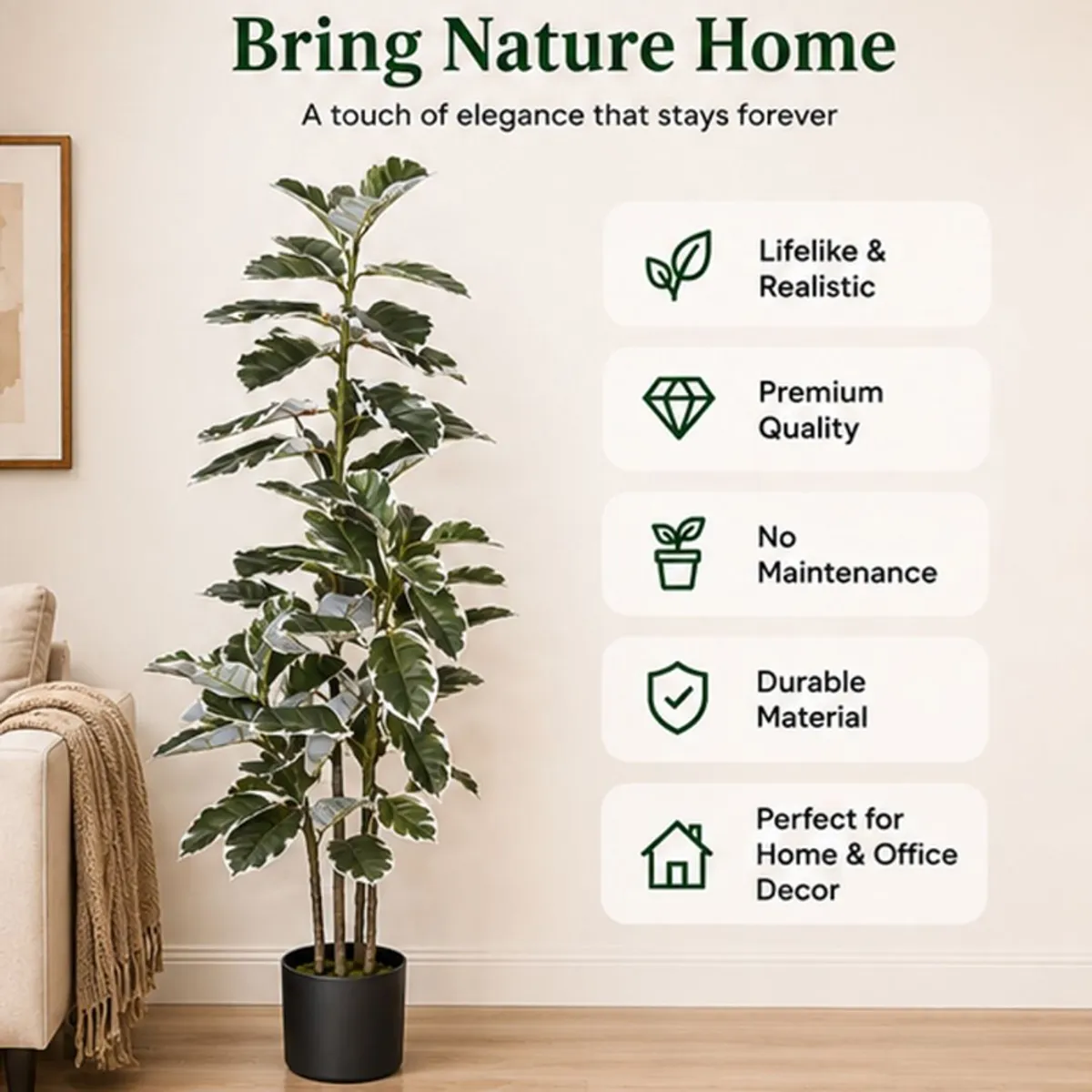 Artificial rubber plant in a black pot shown beside text highlighting its lifelike, low-maintenance design.