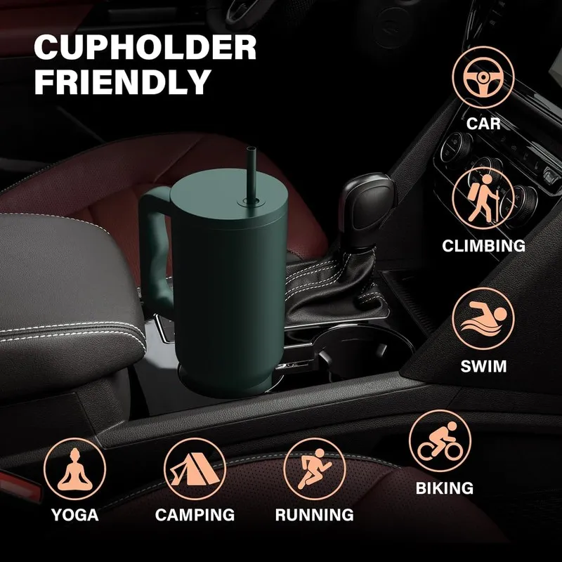 Dark green tumbler placed in a car cup holder