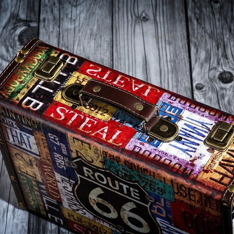 Close-up of the box handle and metal latches on printed canvas surface