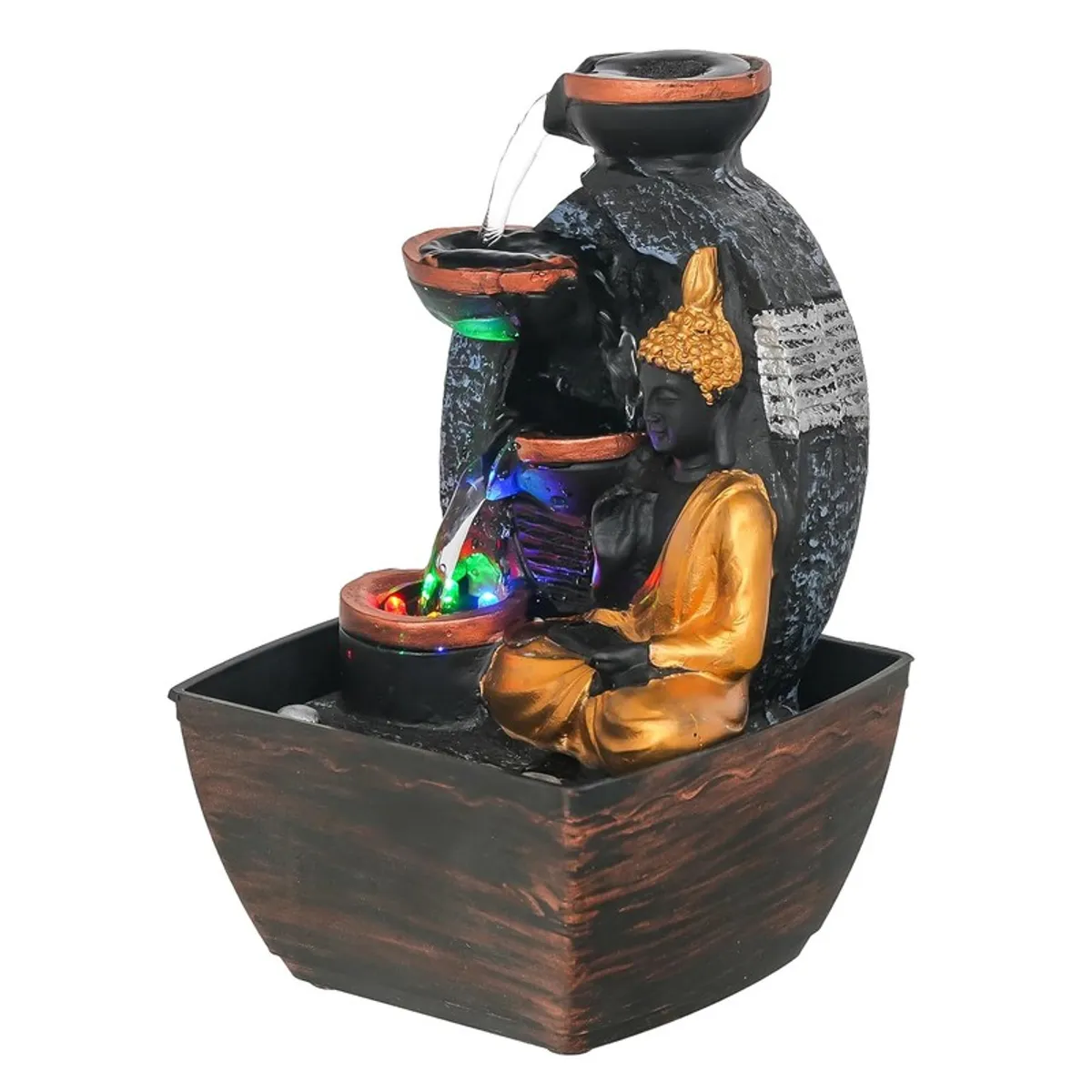 Angled studio view of Buddha waterfall fountain with brown base and LED lights