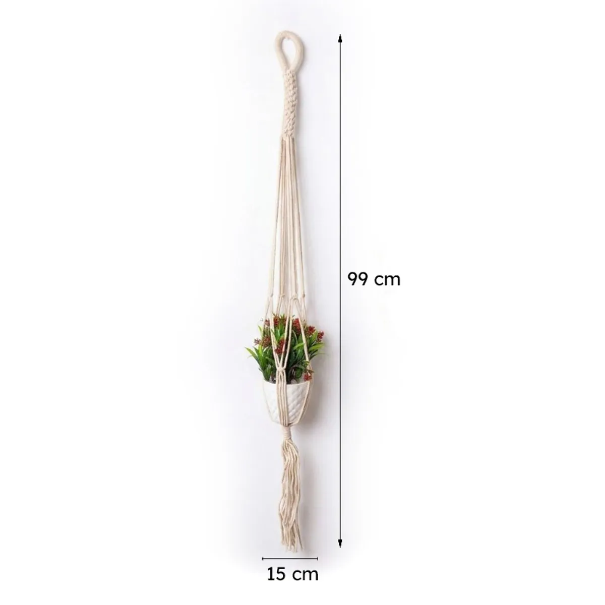 Single white macrame hanging planter shown with its length and width