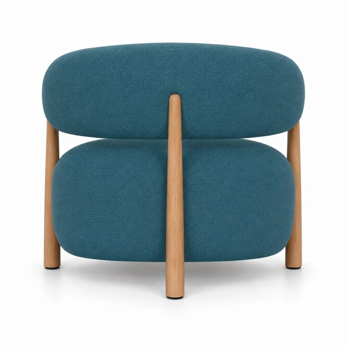 Rear view showing the blue upholstered back and teak wood frame