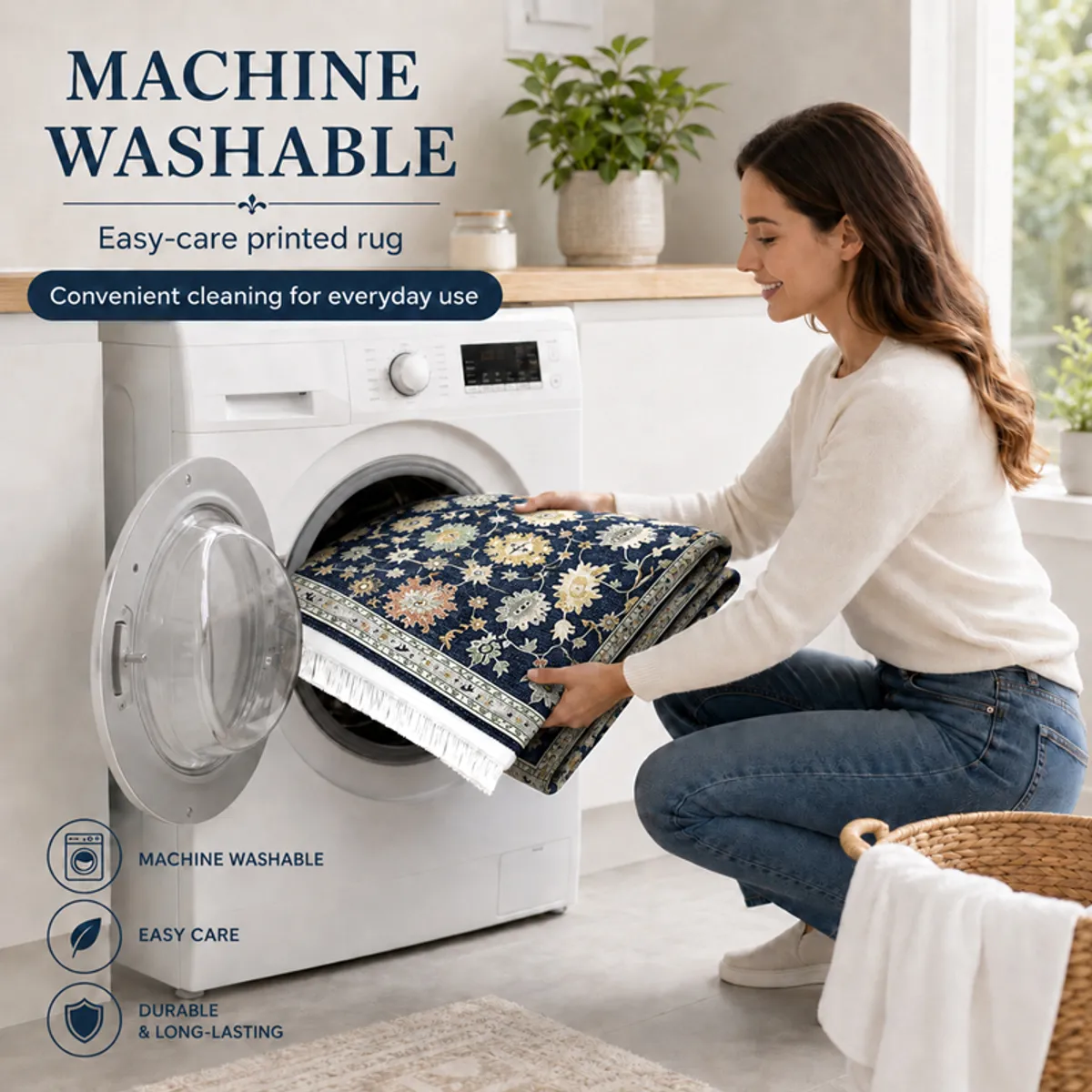 Folded floral carpet being placed into a washing machine
