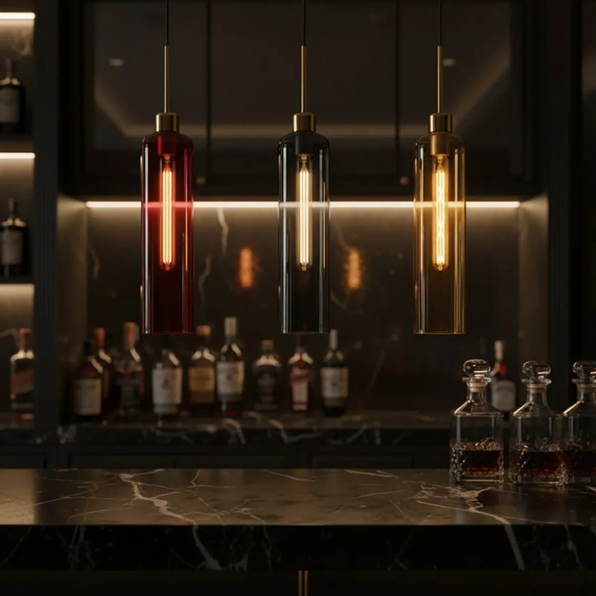 Lit trio pendant lamp with red, grey and amber glass shades over a dark counter