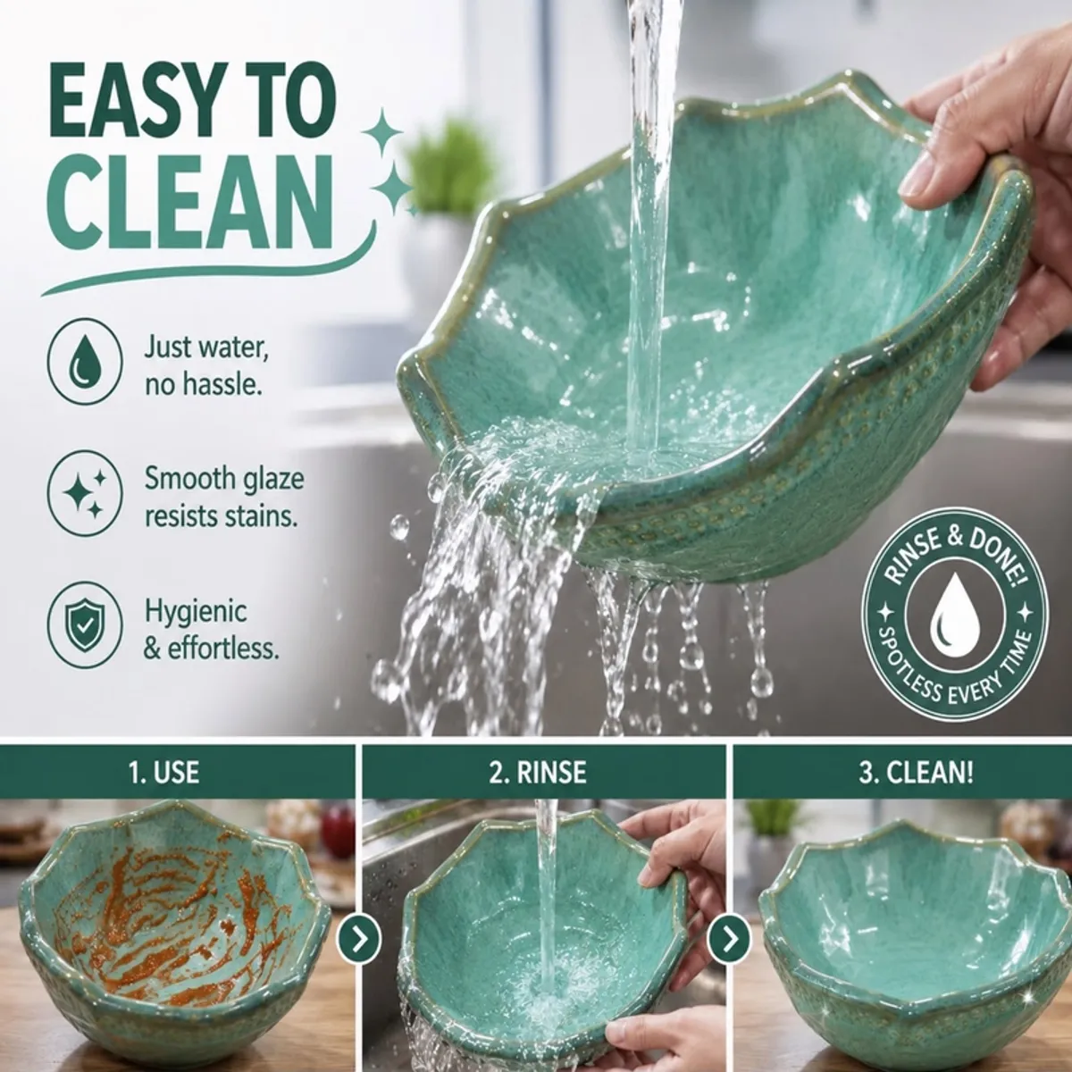 Green ceramic bowl being rinsed under running water in a kitchen sink