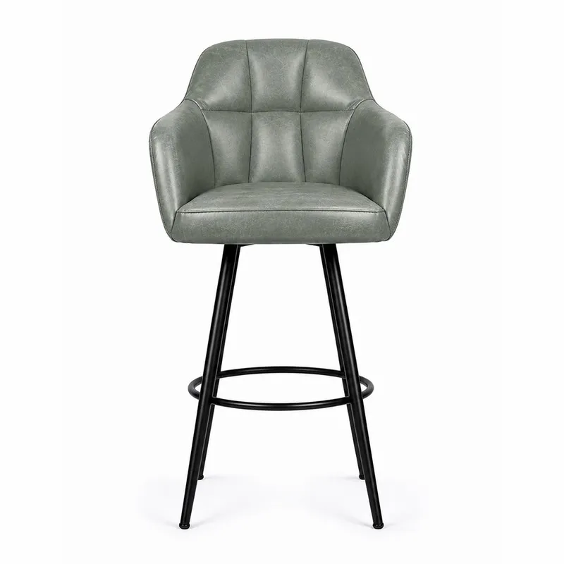 Front view of a grey upholstered bar chair with black metal legs
