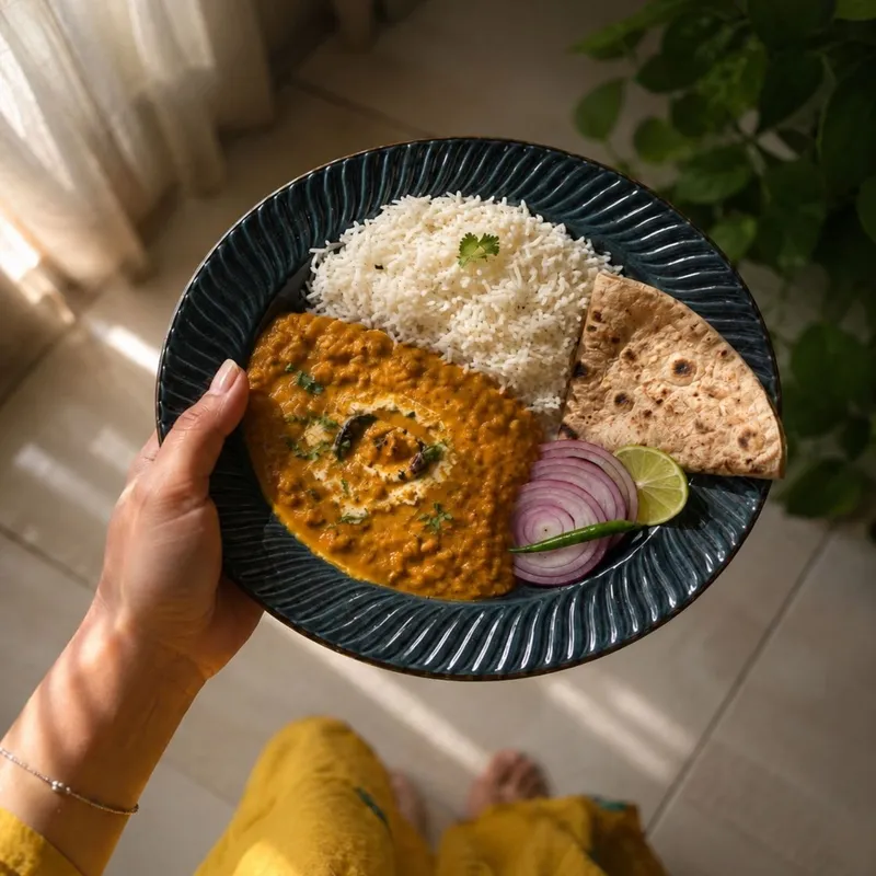 Dark blue pasta plate holding rice, curry and flatbread