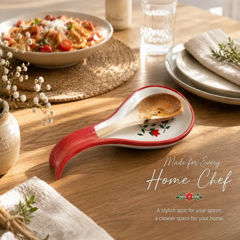 Ceramic spoon rest holding a wooden spoon on a warm dining table
