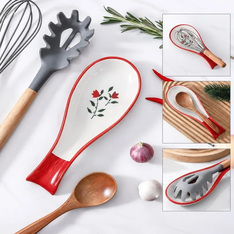 Floral ceramic spoon rest shown with kitchen utensils and ingredients