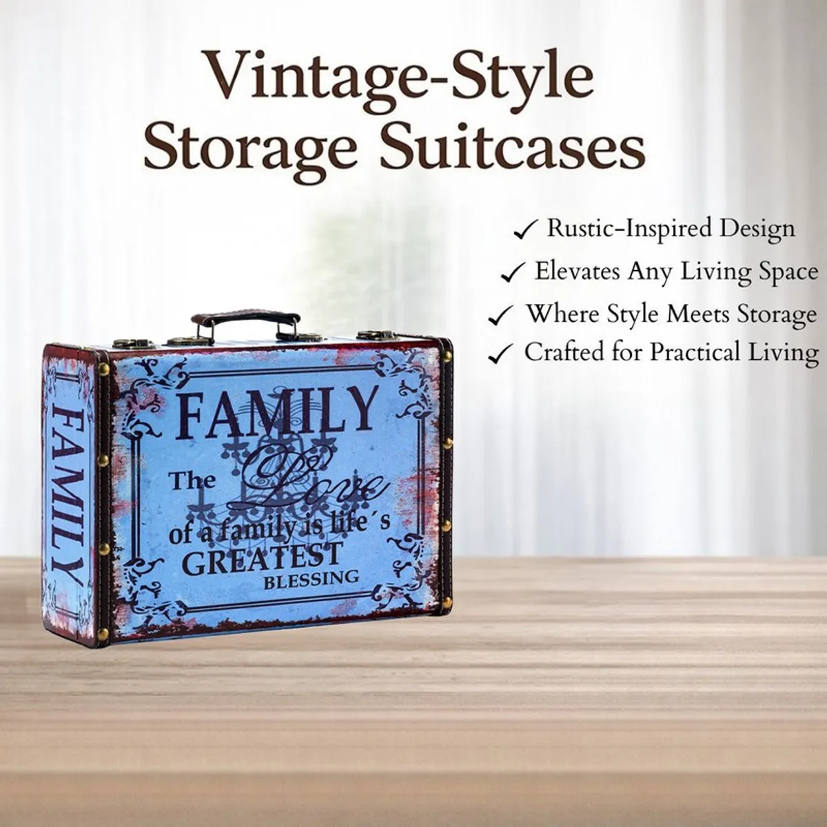 Blue vintage-style storage box displayed on a light surface with a distressed finish