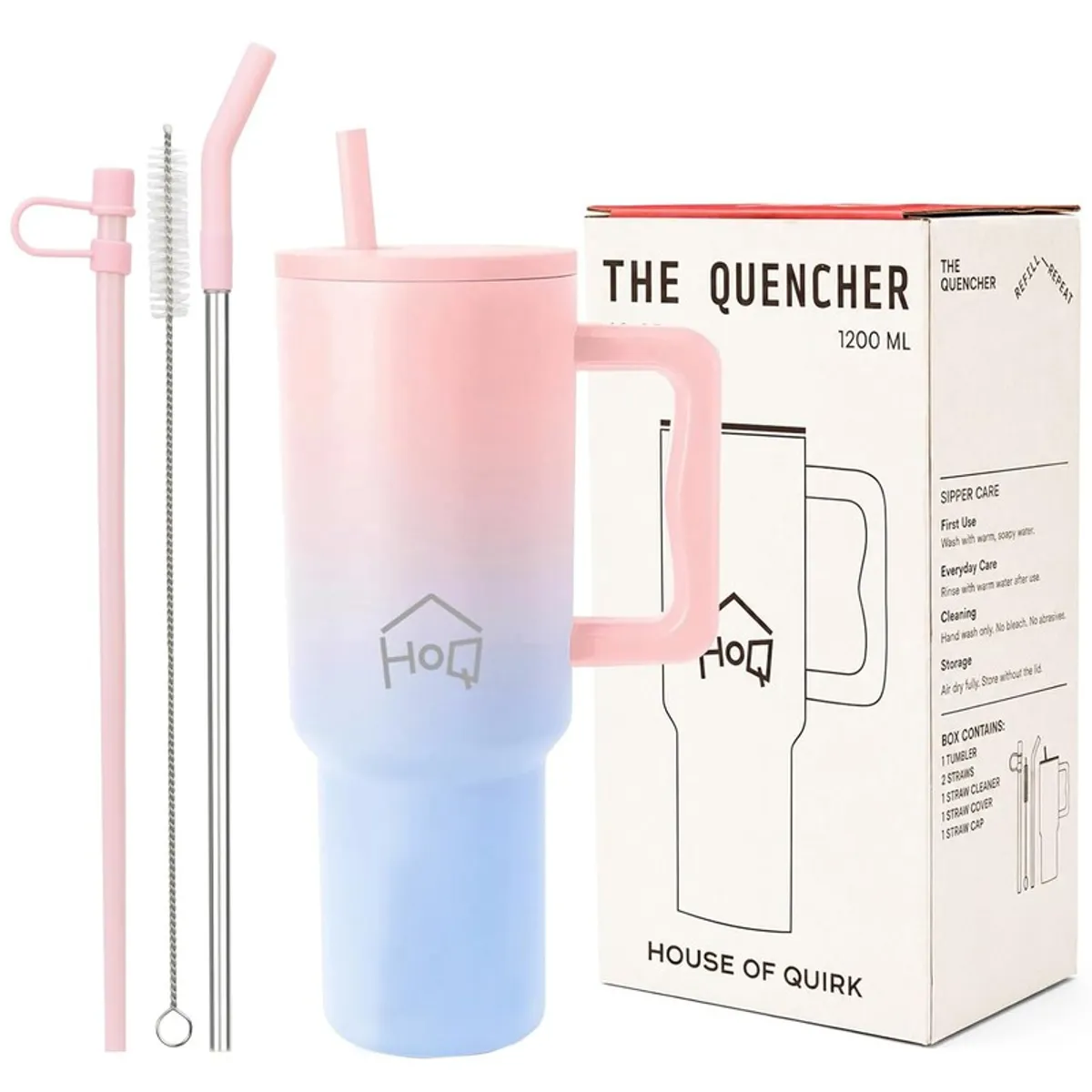 Pink and blue tumbler displayed with cleaning accessories and packaging
