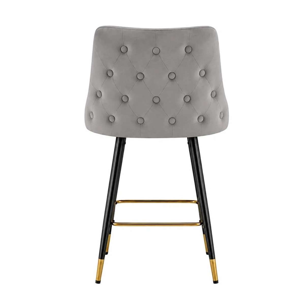 Back view of grey button-tufted bar chair with black legs and gold footrest
