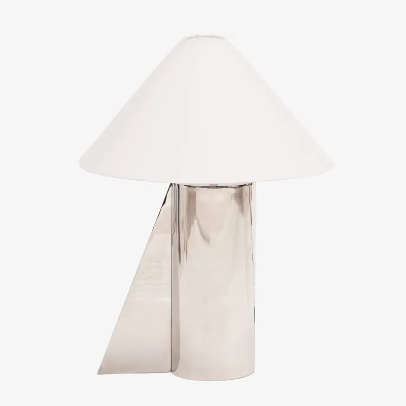 Front view of silver table lamp with geometric triangular base detail