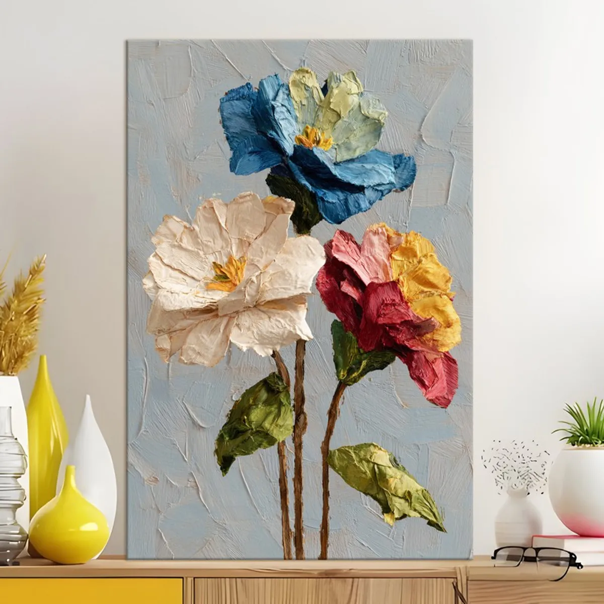 Large floral textured canvas wall painting displayed on a console