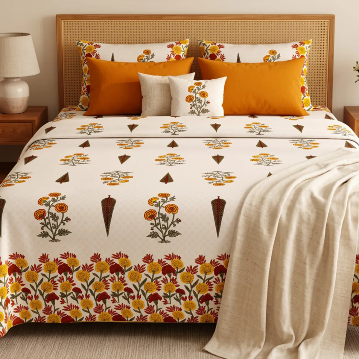 Floral King bedsheet with border detail styled in a bedroom