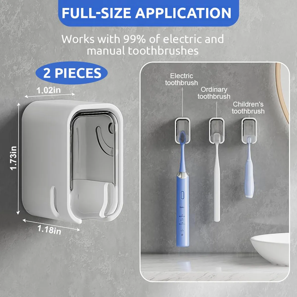 Single white toothbrush holder with size graphic and three toothbrush examples on wall