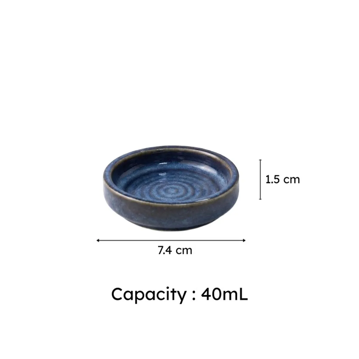 Single blue ceramic dip bowl with dimensions shown visually