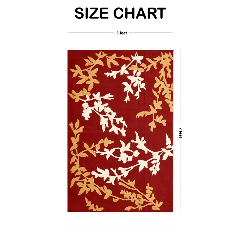 Rectangular maroon carpet with leafy pattern shown with size chart