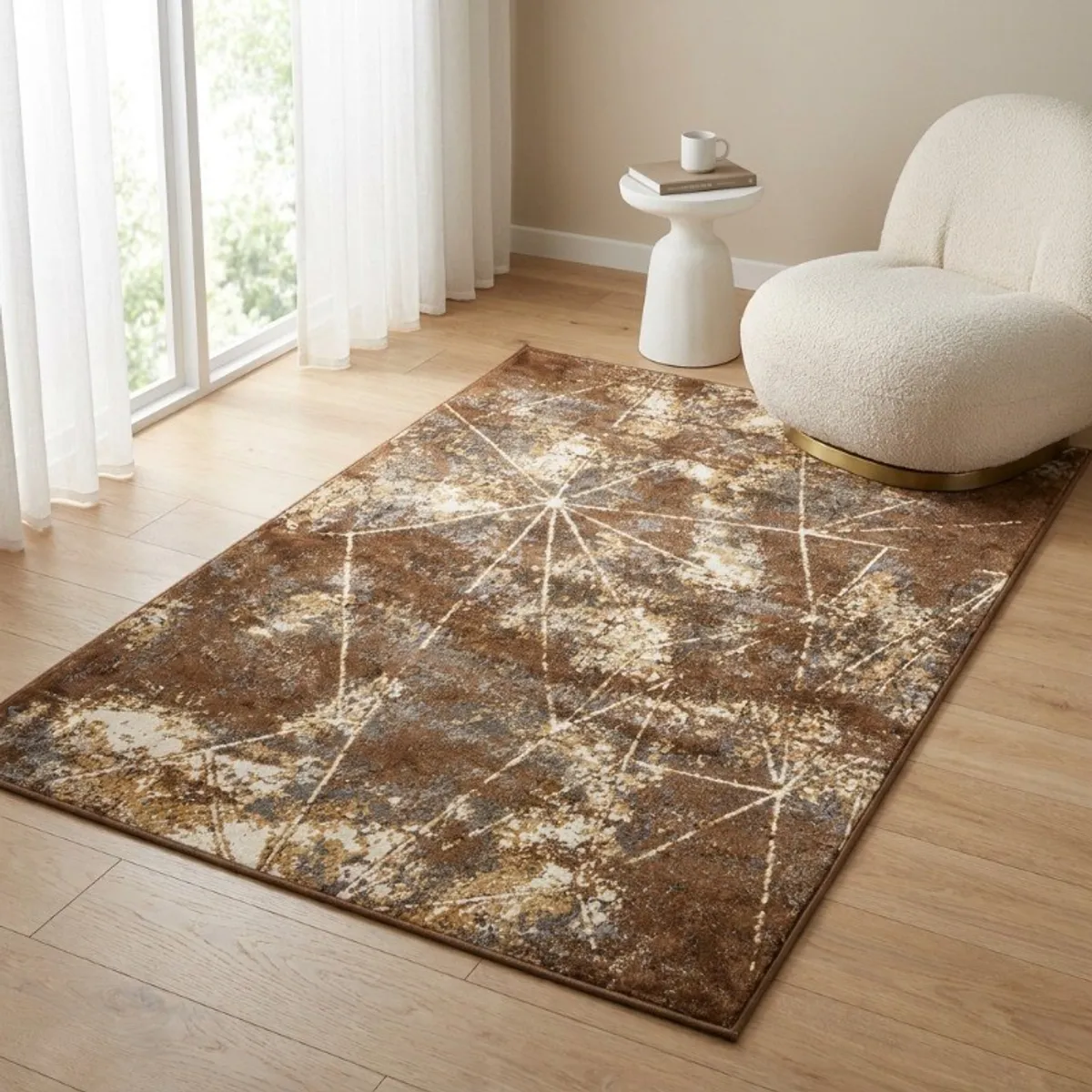 Brown and beige abstract carpet placed in a bright room beside a chair