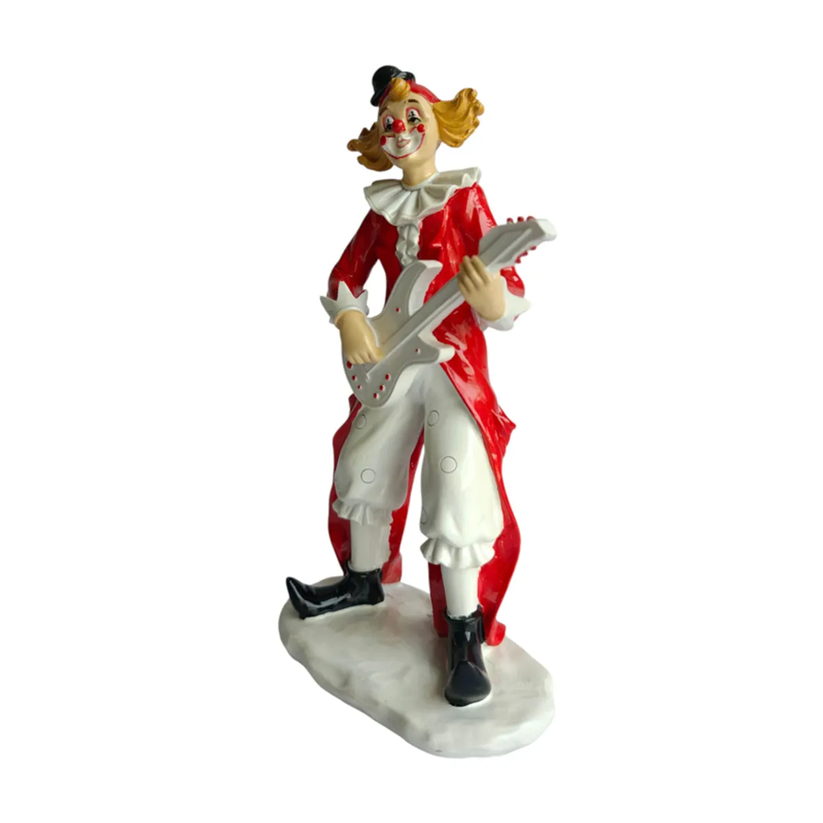 Side view of a red and white banjo-playing clown figurine on an oval base