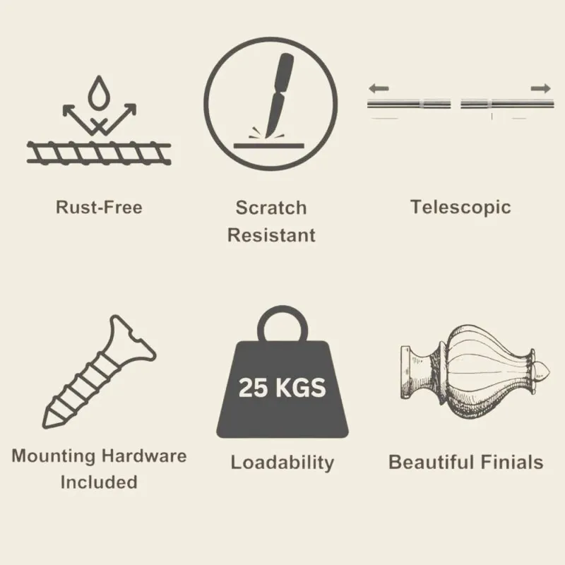 Feature icons for curtain rod showing rust-free, scratch-resistant and telescopic design