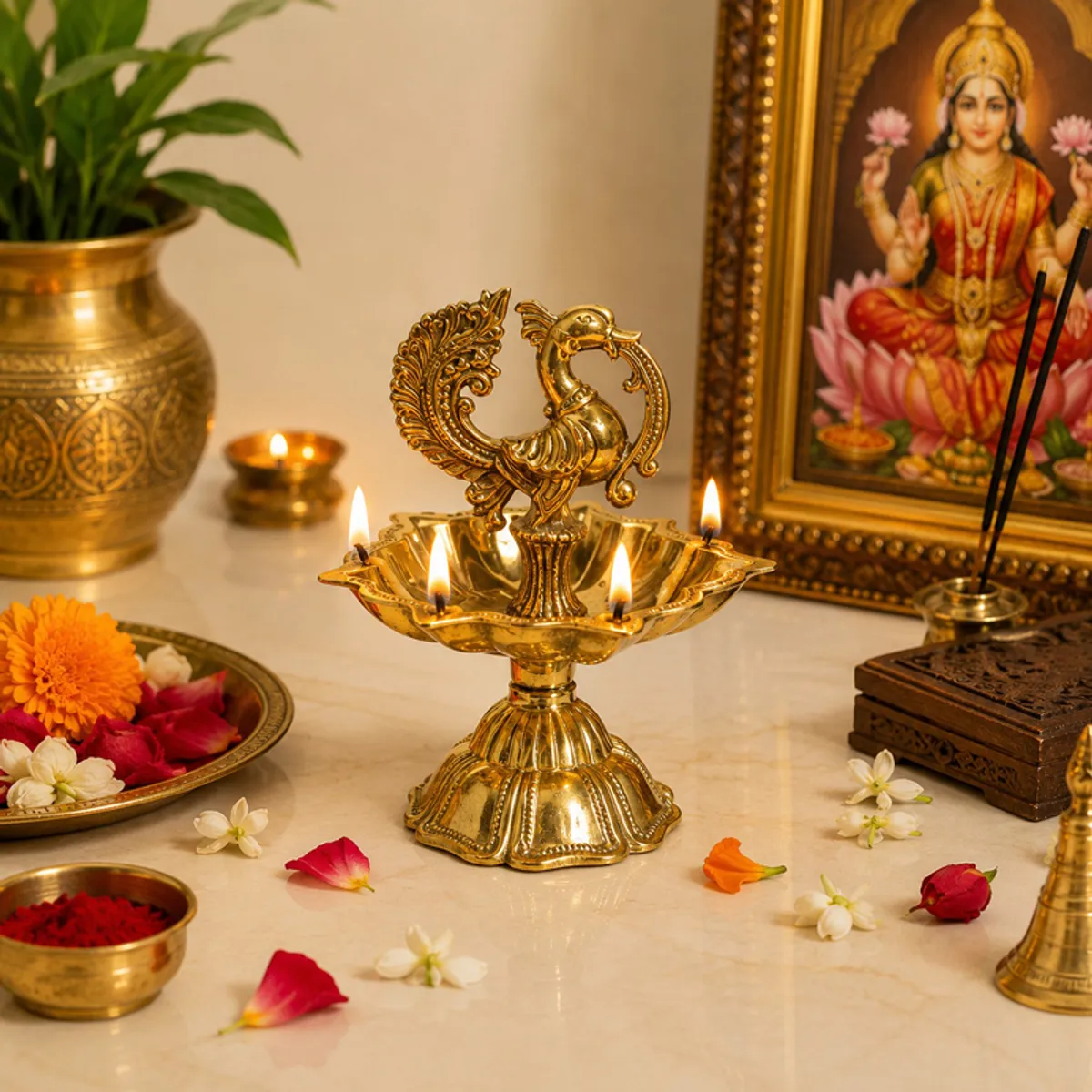 Single glossy gold peacock diya displayed with flowers and prayer décor