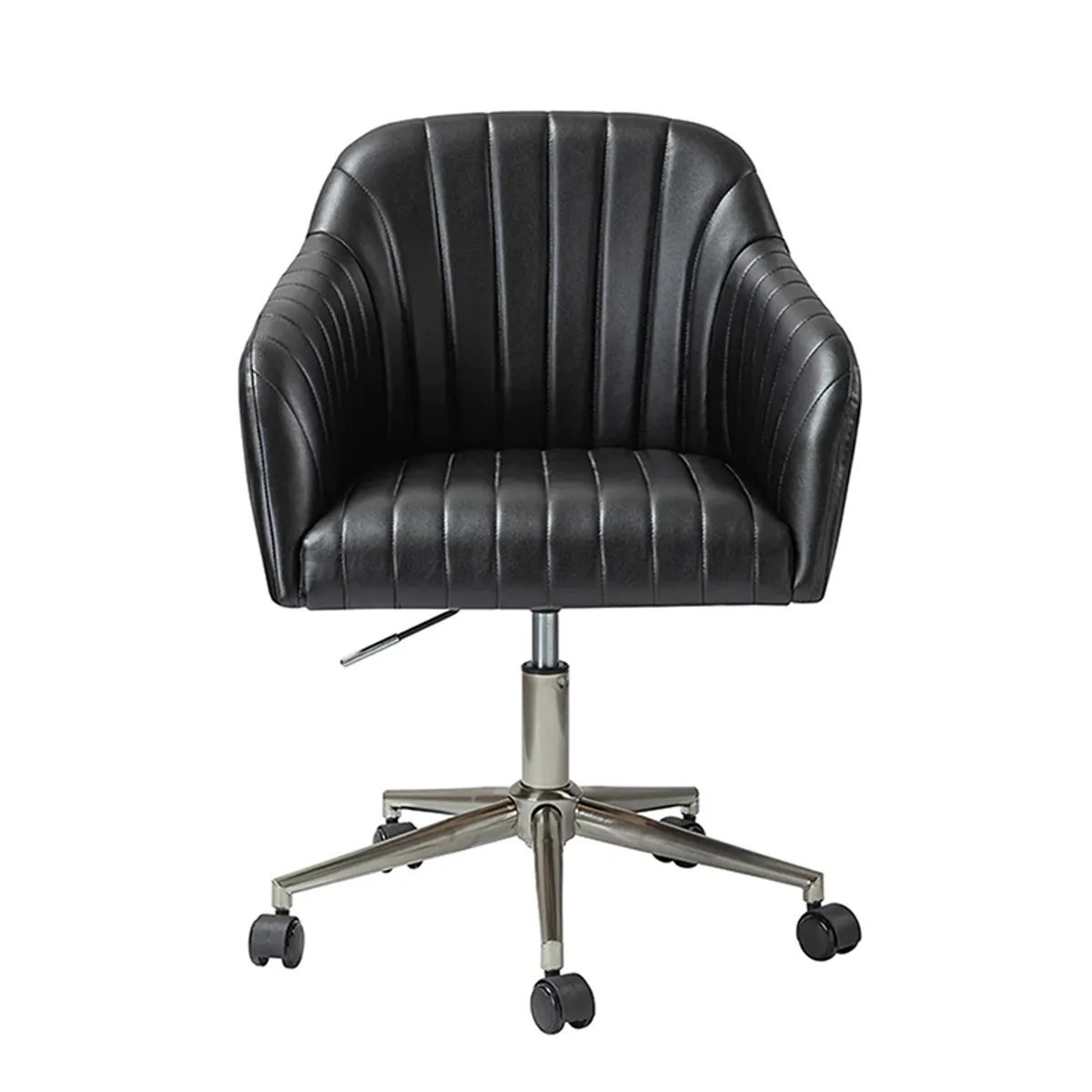 Front view of a black ribbed office chair with curved arms and a metal wheeled base.