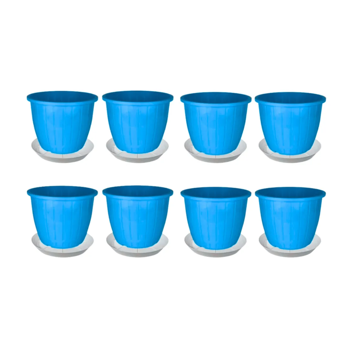 Eight blue plastic planters paired with white trays on a white background