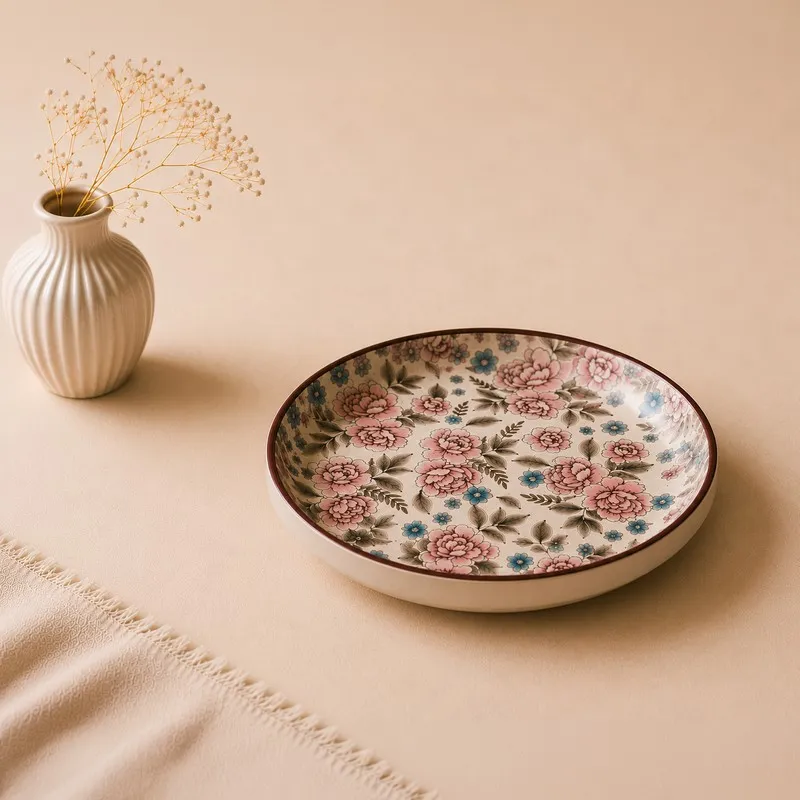 Single floral quarter plate on a beige tabletop beside a vase