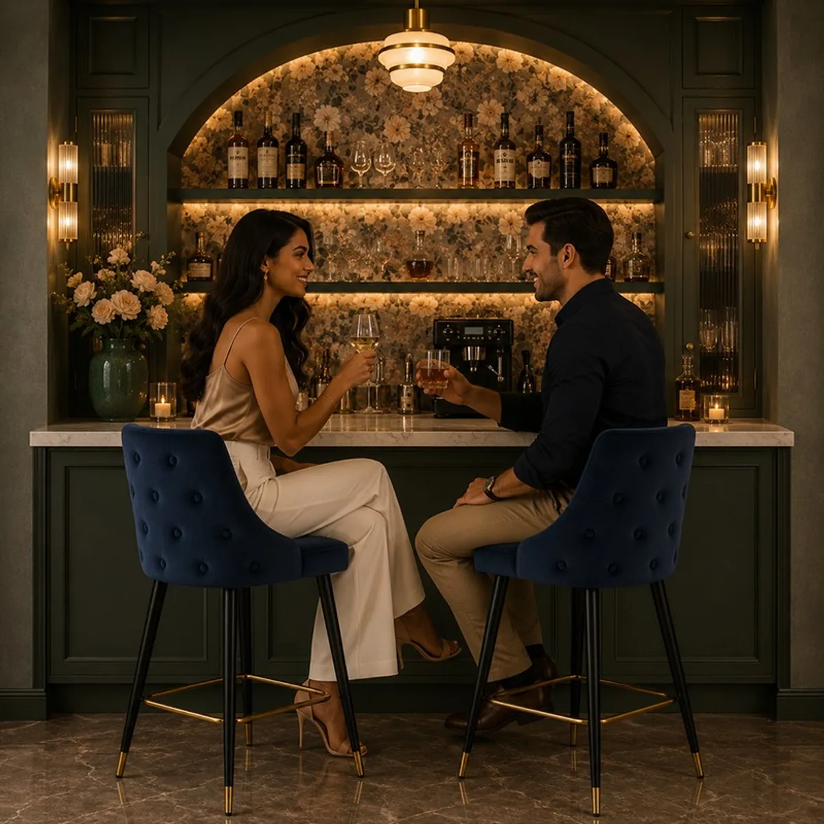 Two blue bar chairs placed at a home bar setting