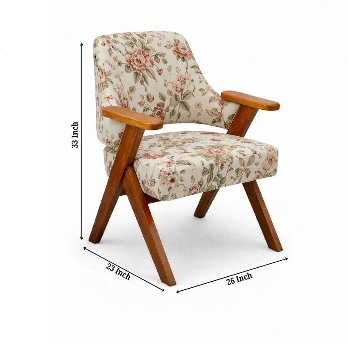 Floral accent chair shown with labelled height, width and depth measurements