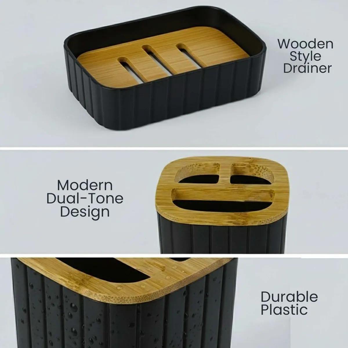 Close-up of the black soap dish with a contrasting wood-look slatted drain board.