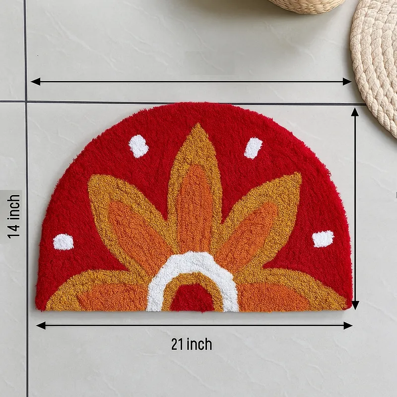 Red sunflower bath mat shown with measurement arrows on a tiled floor